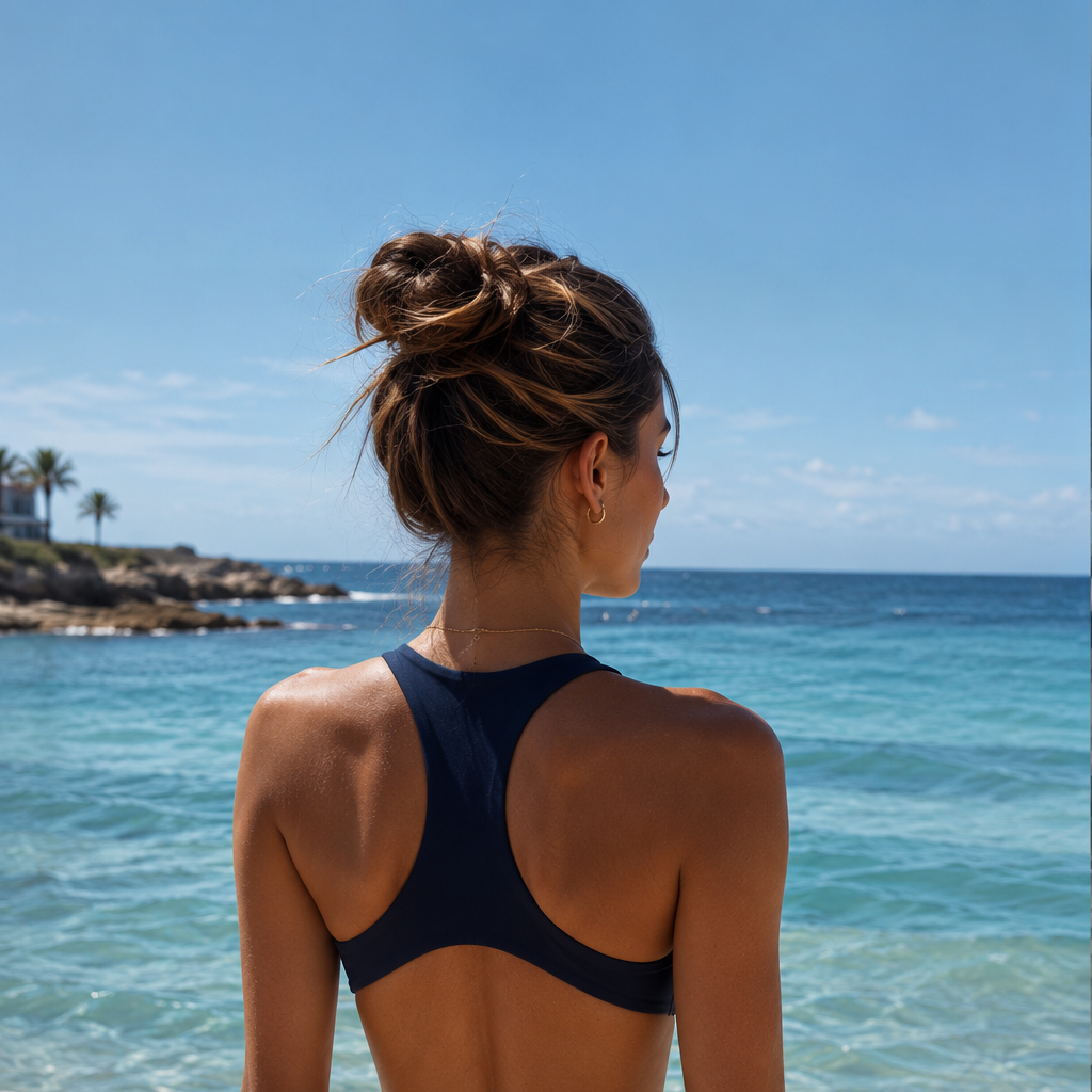 Woman in a black bikini standing on a beach with clear blue water and sky.