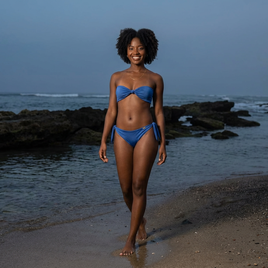 Woman in a blue bikini standing on a beach with rocks and water in the background