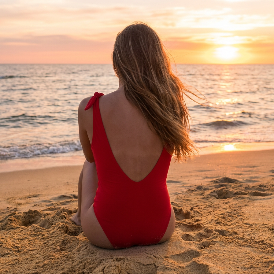 Woman in a red swimsuit sitting on the beach at sunset