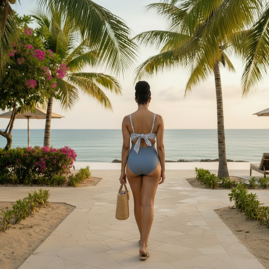 Coastal Stripe Wrap Top & High-Waist Blue Bikini