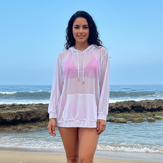 Chic White Mesh Hoodie Cover Up for Bikini & Swimwear