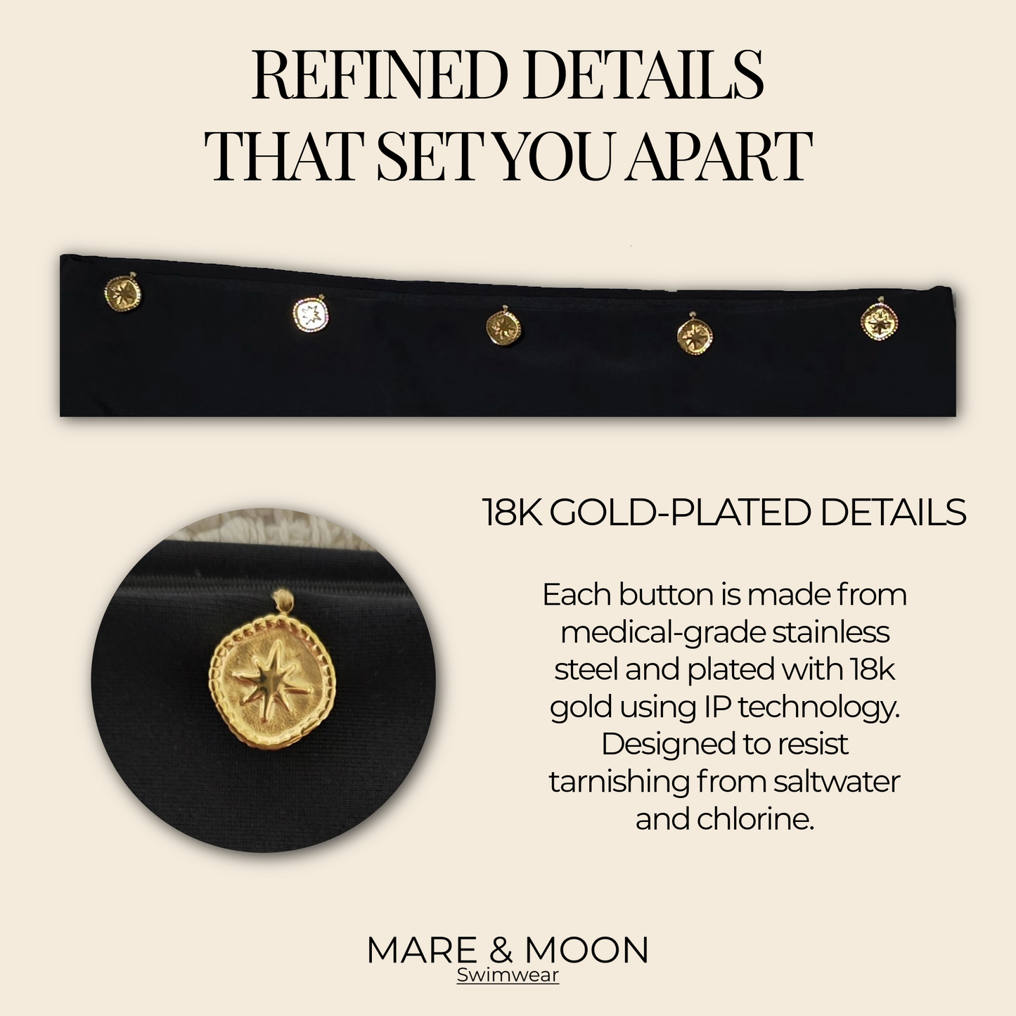 Black High-Waisted Bikini Set – Retro Two-Piece Swimsuit with Gold Buttons