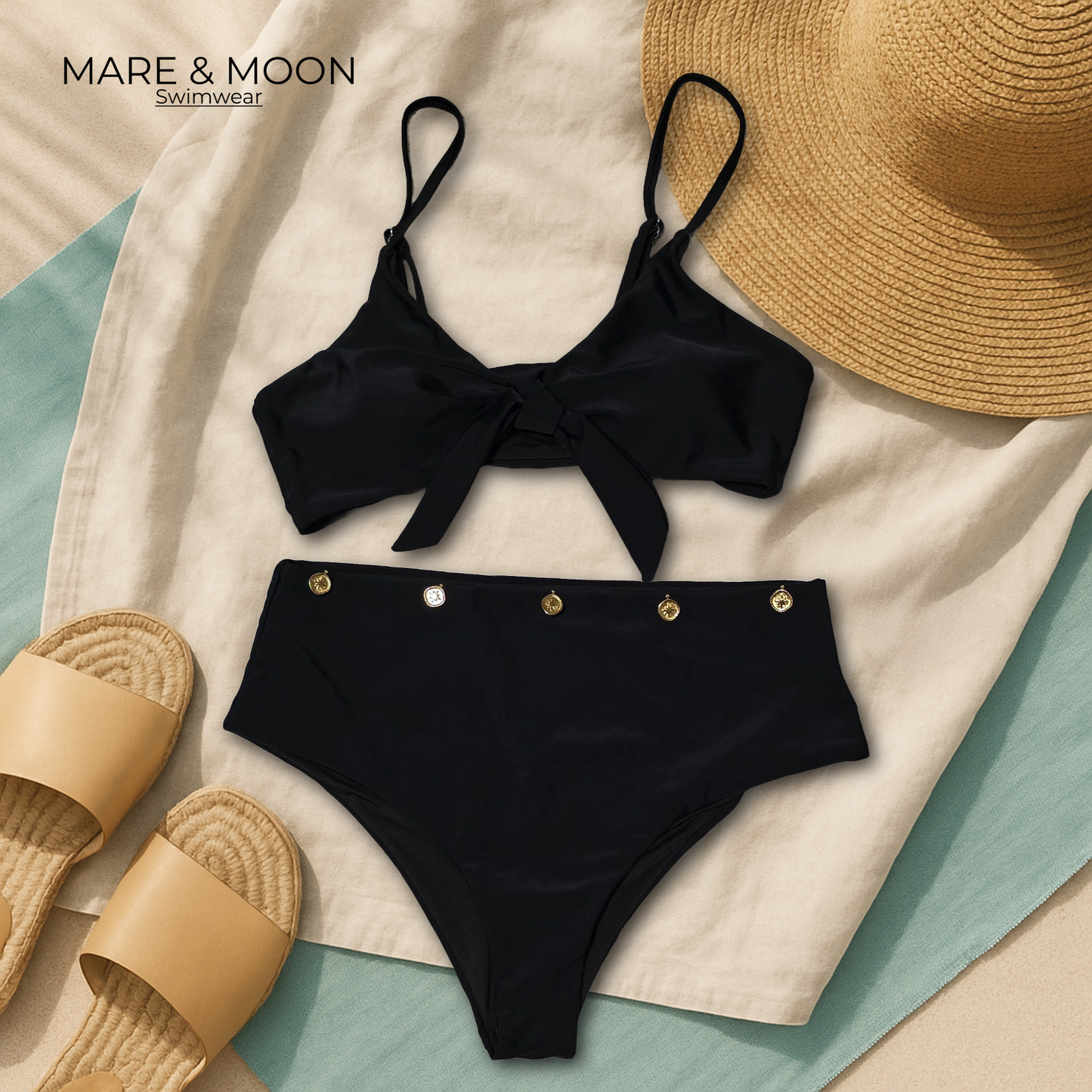 Black High-Waisted Bikini Set – Retro Two-Piece Swimsuit with Gold Buttons