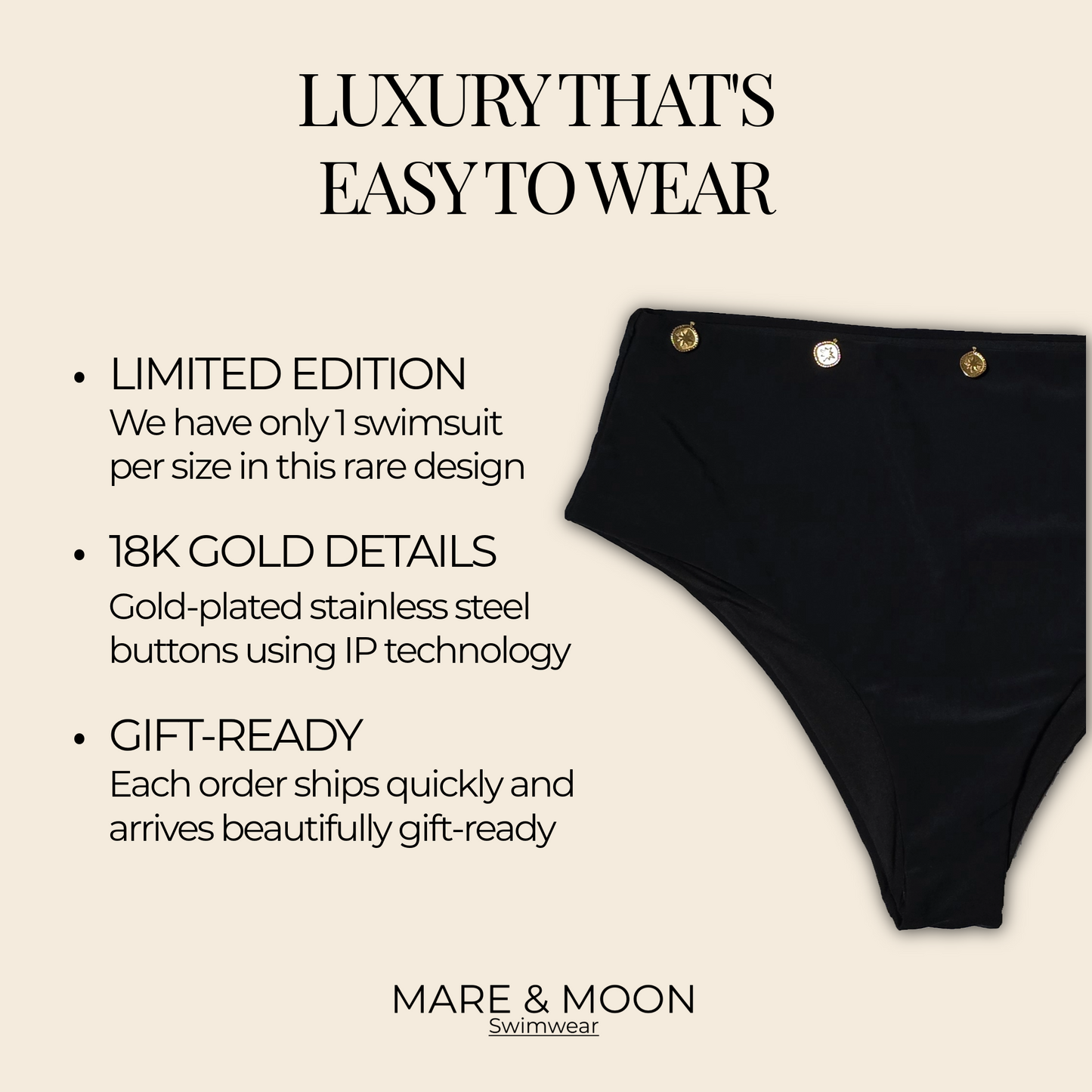 Black High-Waisted Bikini Set – Retro Two-Piece Swimsuit with Gold Buttons