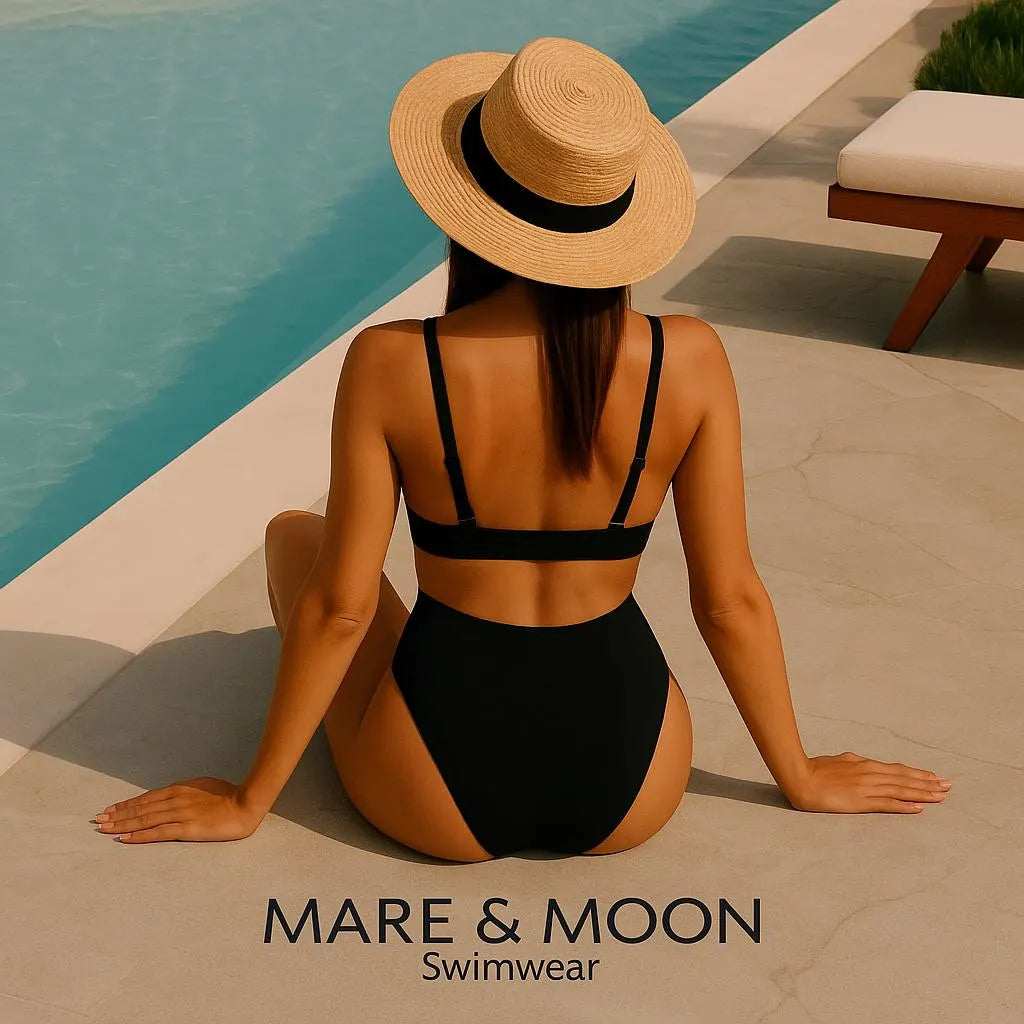 Woman in black swimsuit and straw hat sitting by a pool, with 'Mare & Moon Swimwear' branding.