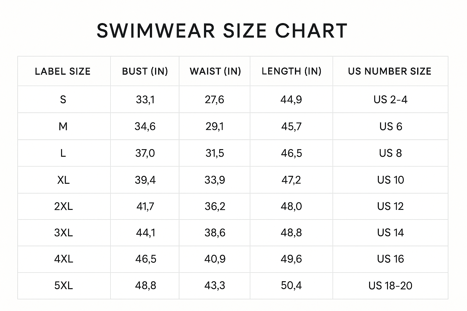 Professional Size Chart